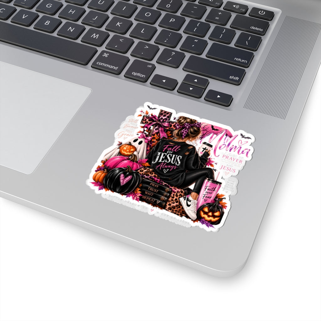 Christian Halloween Kiss-Cut Sticker — "Fall for Jesus Always" Pink & Leopard Faith Design