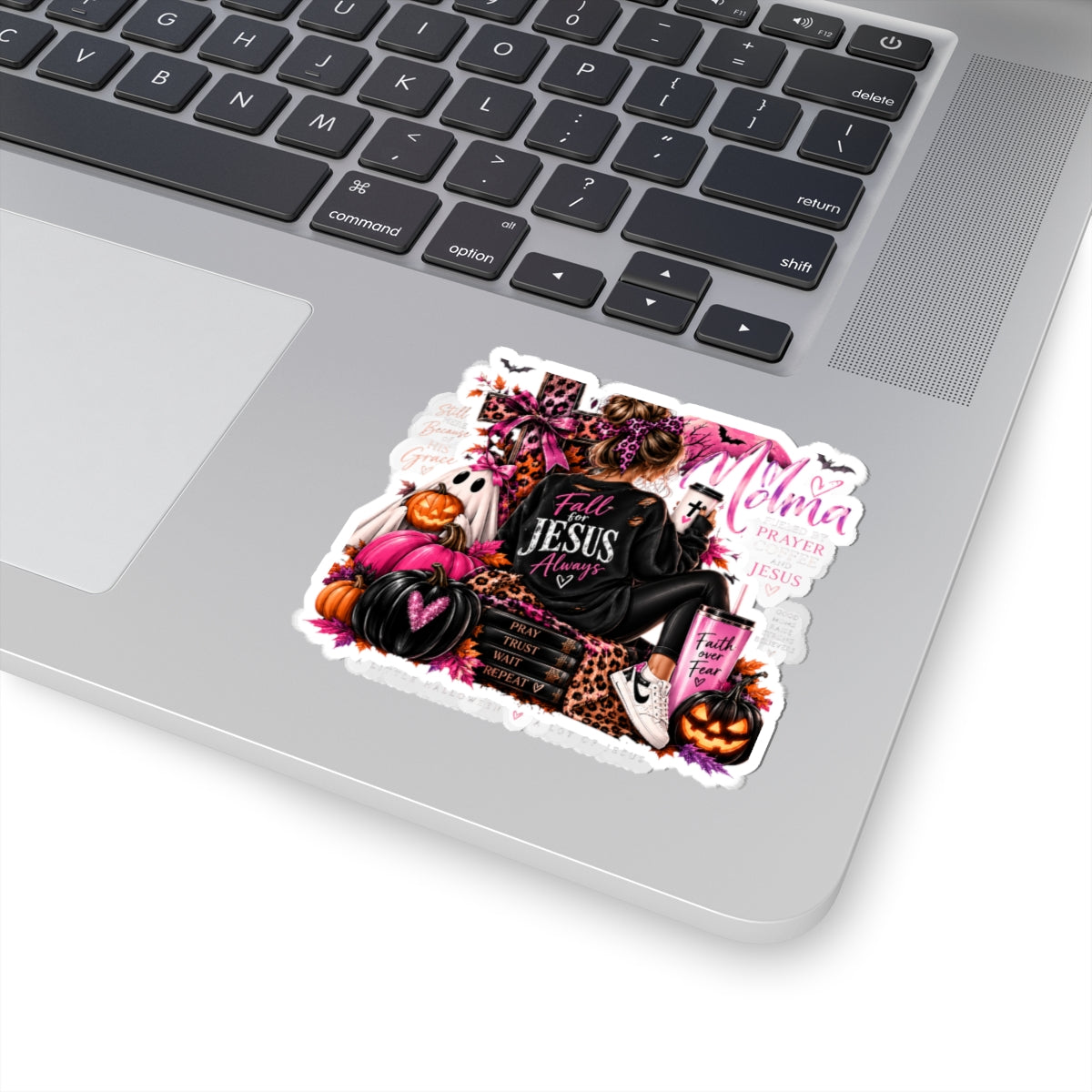 Christian Halloween Kiss-Cut Sticker — "Fall for Jesus Always" Pink & Leopard Faith Design
