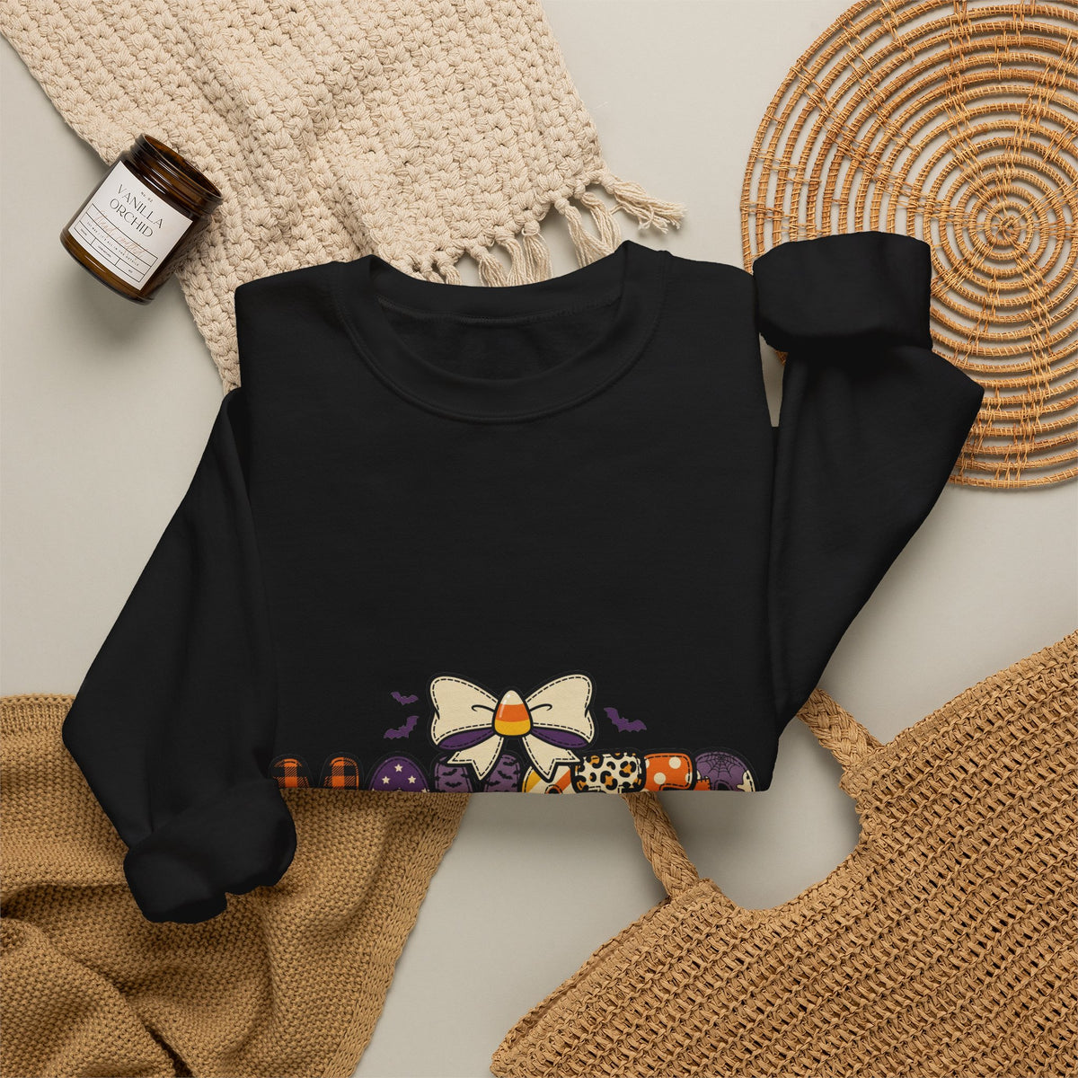 Momster Halloween Mom Sweatshirt | spooky lettering, bats, purple orange