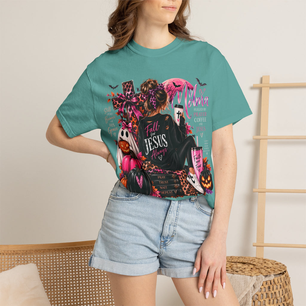 Christian Halloween Graphic T-Shirt — "Faith Over Fear" Pumpkin & Jesus Design