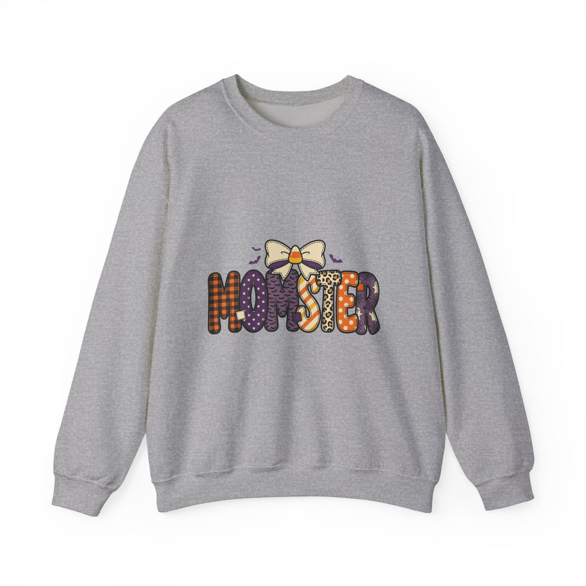 Momster Halloween Mom Sweatshirt | spooky lettering, bats, purple orange