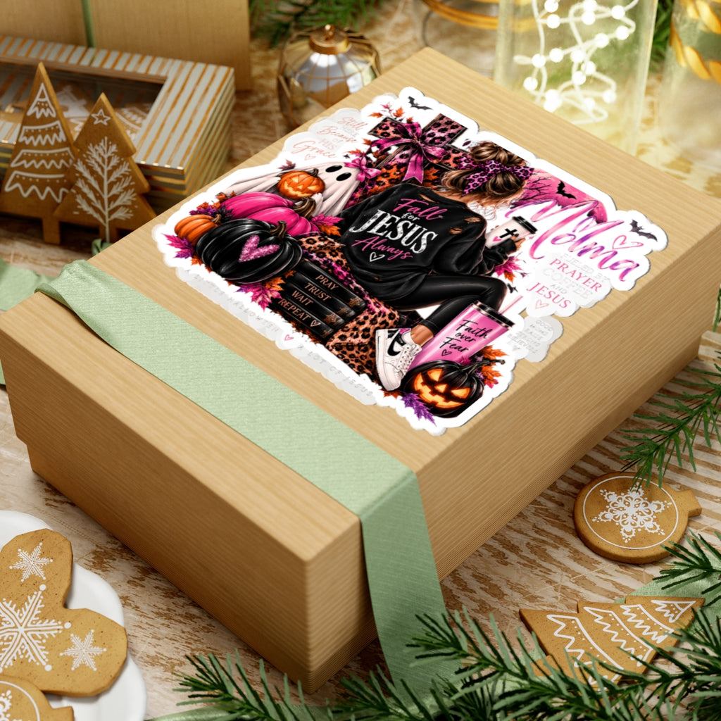 Christian Halloween Kiss-Cut Sticker — "Fall for Jesus Always" Pink & Leopard Faith Design