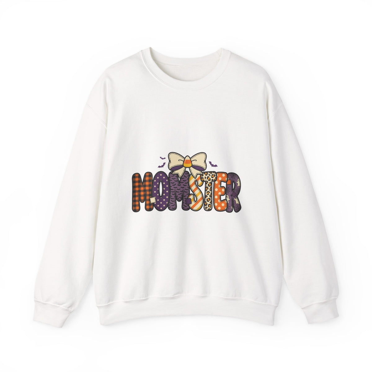 Momster Halloween Mom Sweatshirt | spooky lettering, bats, purple orange