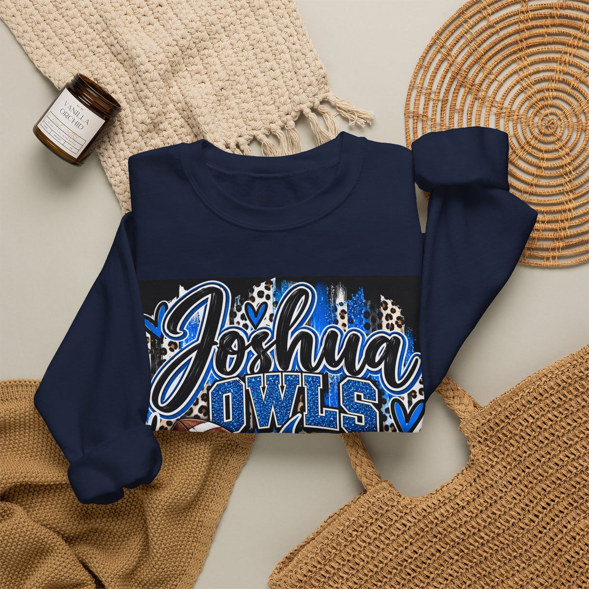 Joshua Owls Football Crewneck Sweatshirt — Blue Leopard School Spirit