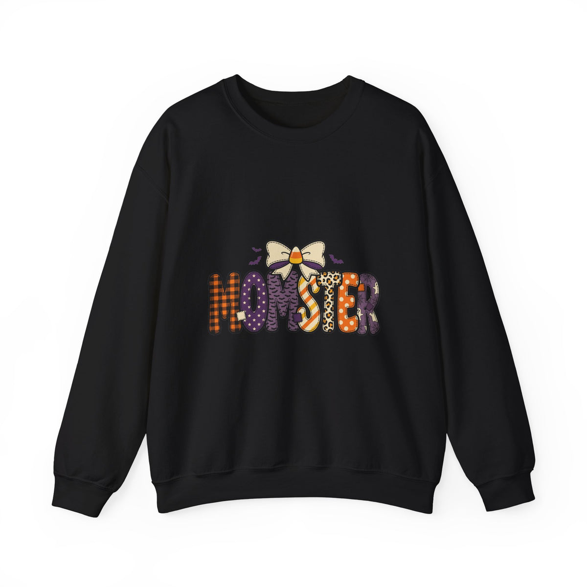 Momster Halloween Mom Sweatshirt | spooky lettering, bats, purple orange