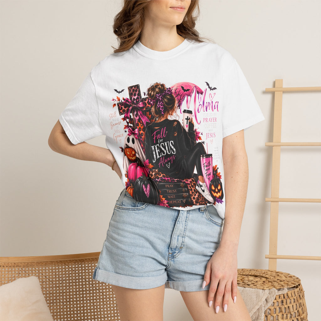 Christian Halloween Graphic T-Shirt — "Faith Over Fear" Pumpkin & Jesus Design