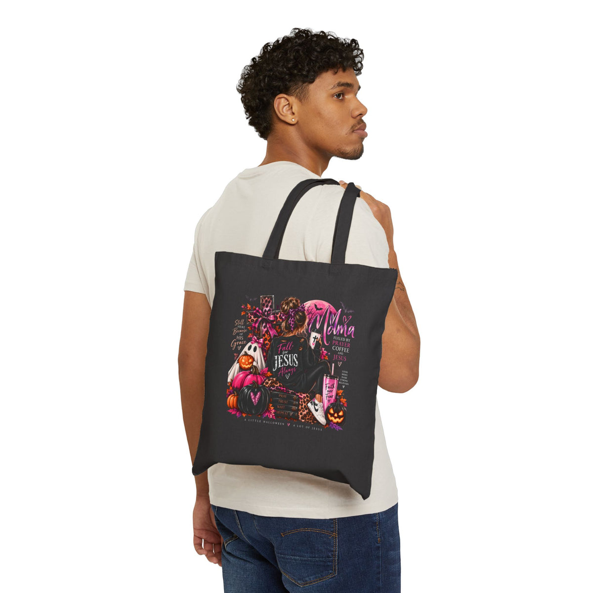 Halloween Christian Tote Bag — Pumpkin, Cross & 'Jesus' Canvas Tote