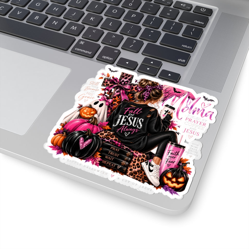 Christian Halloween Kiss-Cut Sticker — "Fall for Jesus Always" Pink & Leopard Faith Design