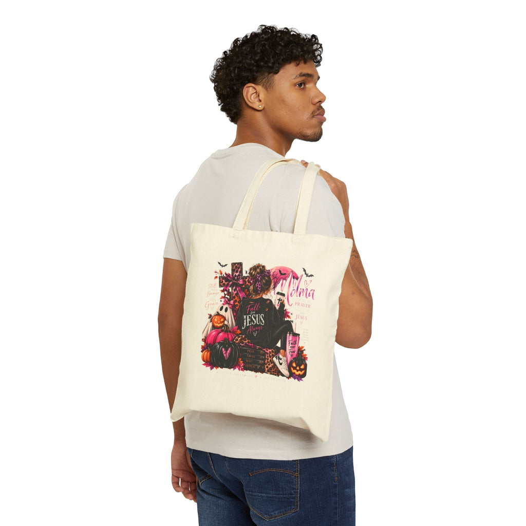 Halloween Christian Tote Bag — Pumpkin, Cross & 'Jesus' Canvas Tote