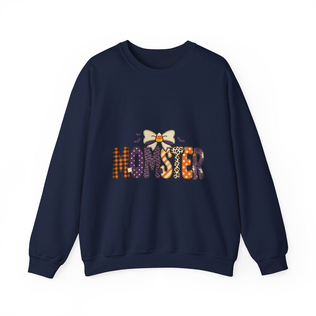 Momster Halloween Mom Sweatshirt | spooky lettering, bats, purple orange