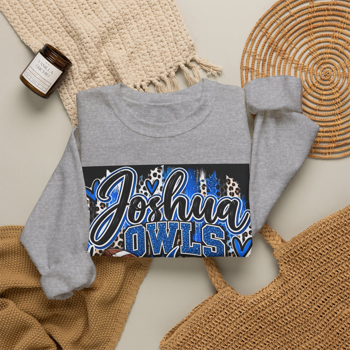 Joshua Owls Football Crewneck Sweatshirt — Blue Leopard School Spirit