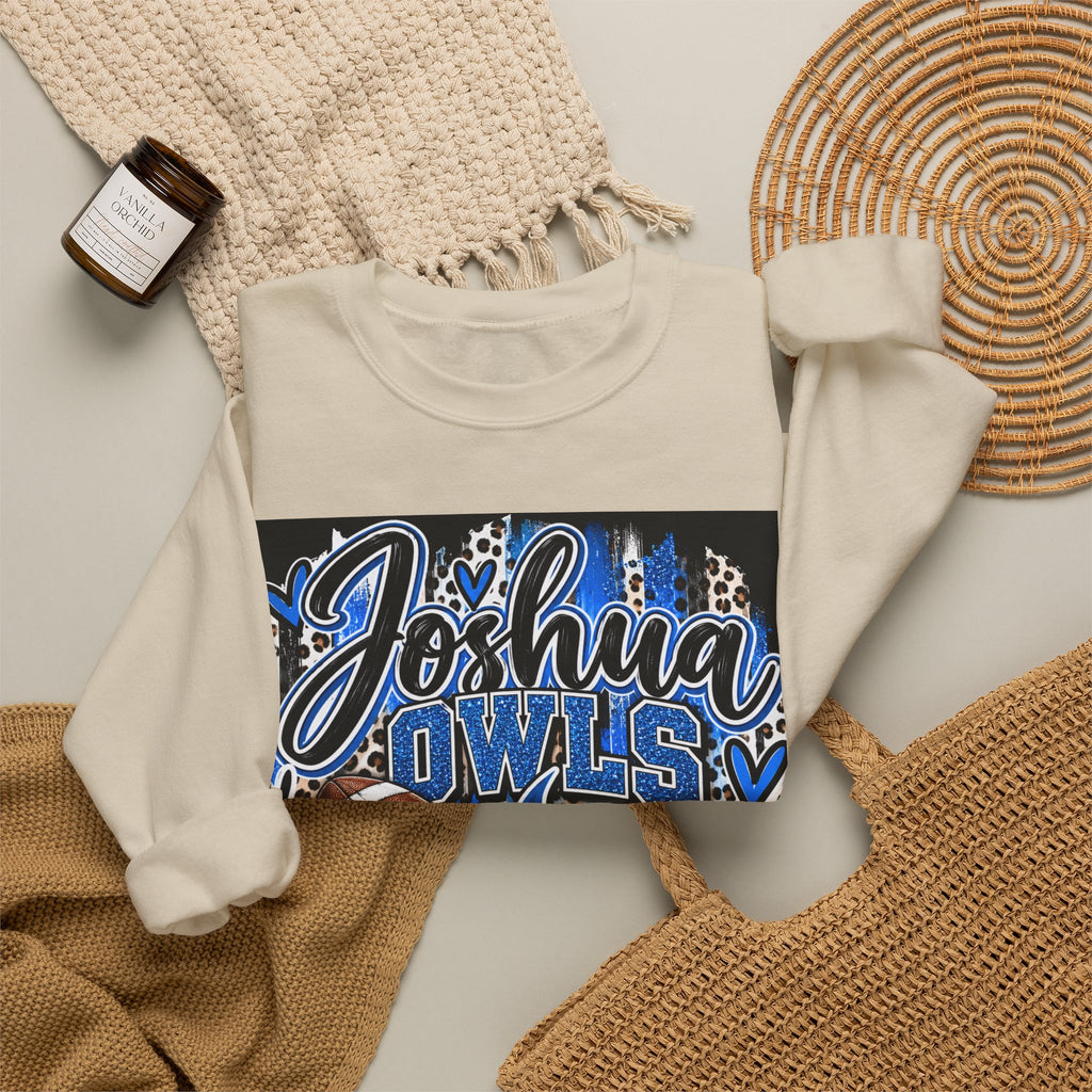 Joshua Owls Football Crewneck Sweatshirt — Blue Leopard School Spirit
