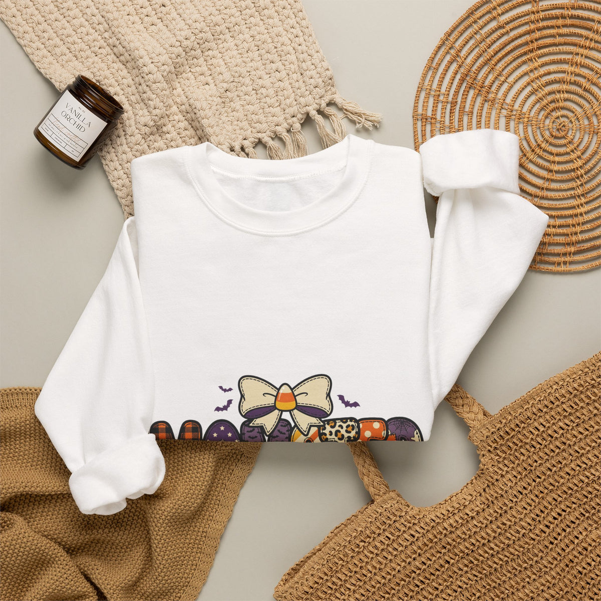 Momster Halloween Mom Sweatshirt | spooky lettering, bats, purple orange