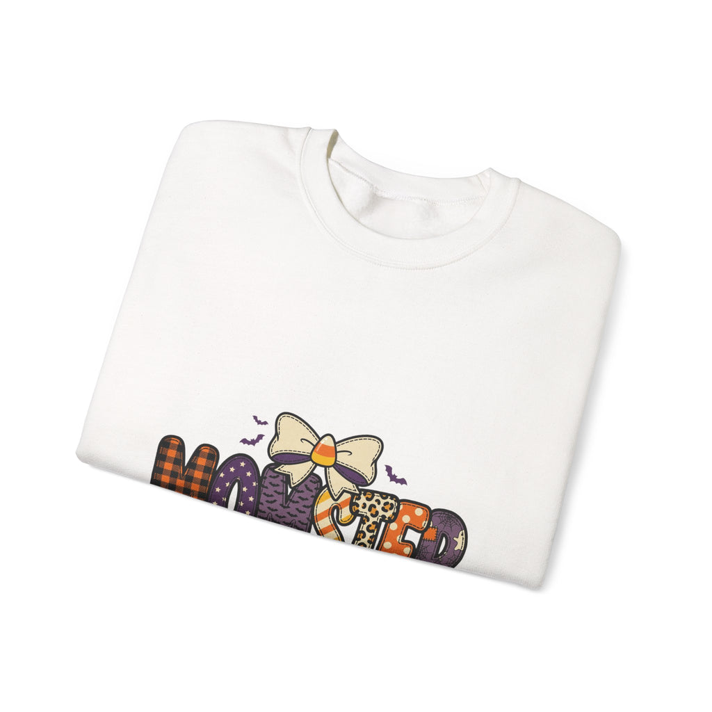 Momster Halloween Mom Sweatshirt | spooky lettering, bats, purple orange