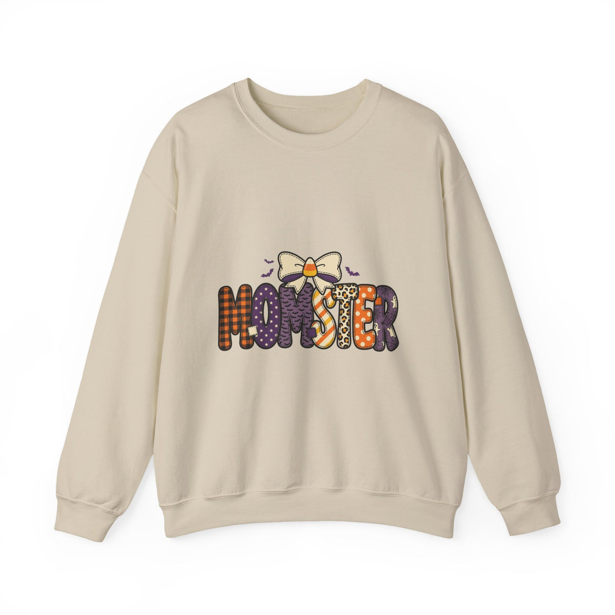 Momster Halloween Mom Sweatshirt | spooky lettering, bats, purple orange
