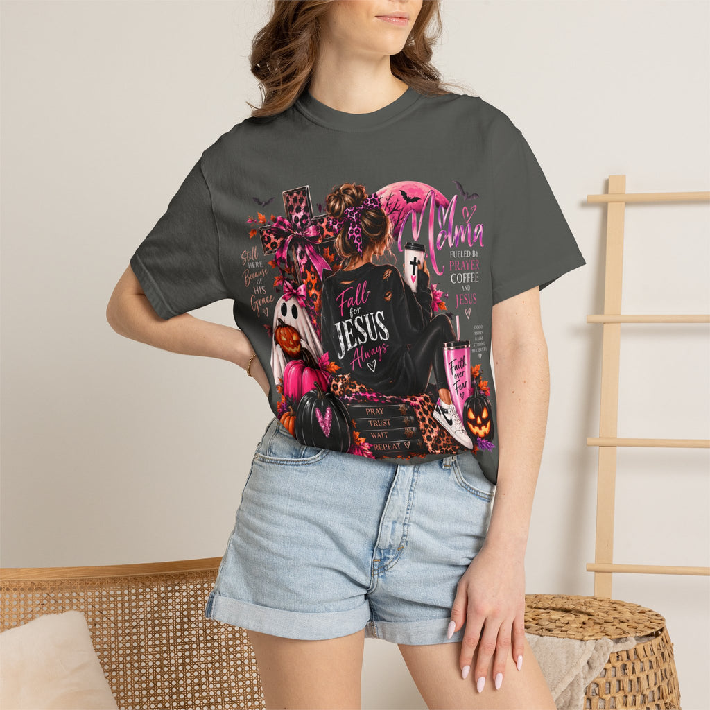 Christian Halloween Graphic T-Shirt — "Faith Over Fear" Pumpkin & Jesus Design