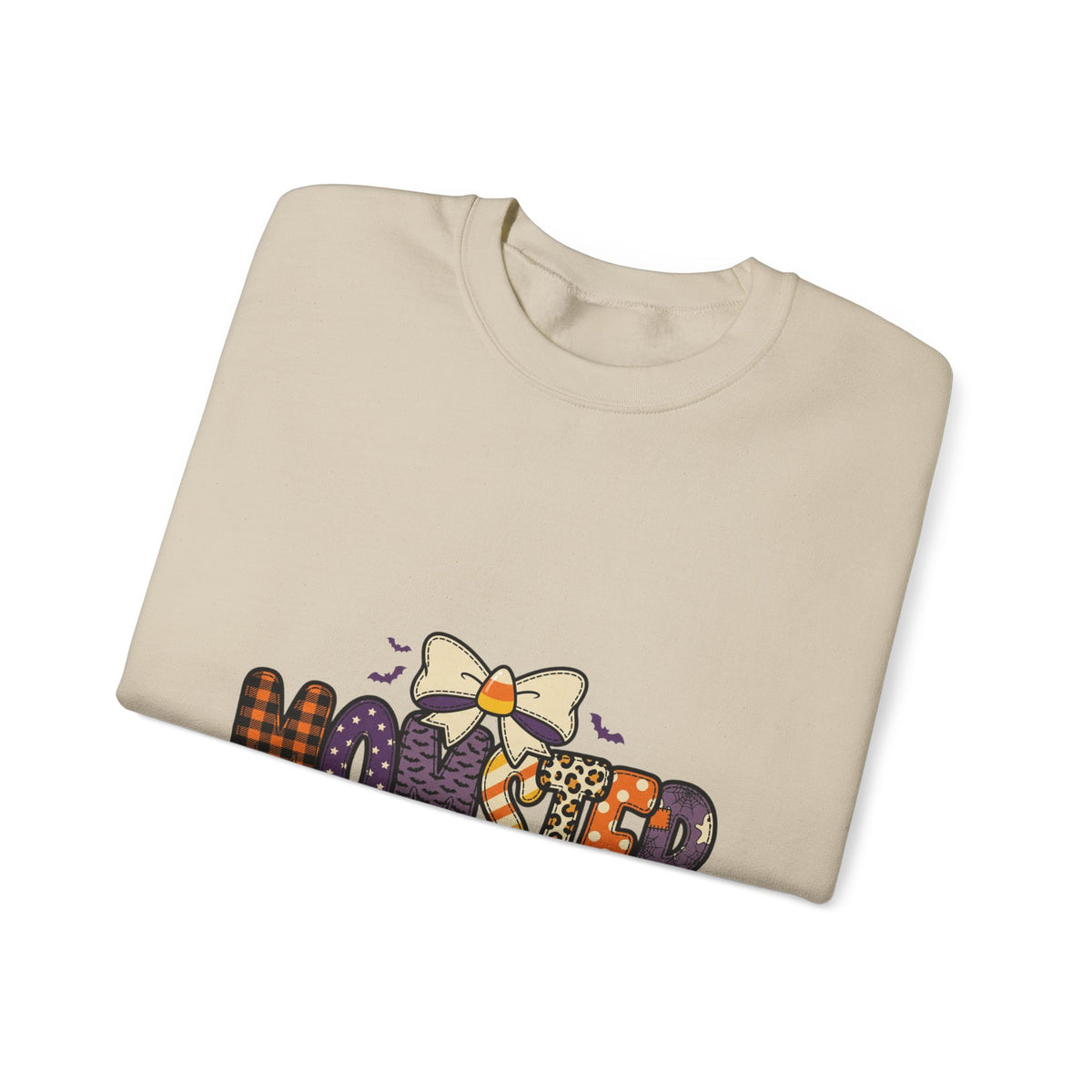 Momster Halloween Mom Sweatshirt | spooky lettering, bats, purple orange