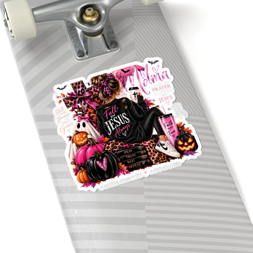 Christian Halloween Kiss-Cut Sticker — "Fall for Jesus Always" Pink & Leopard Faith Design
