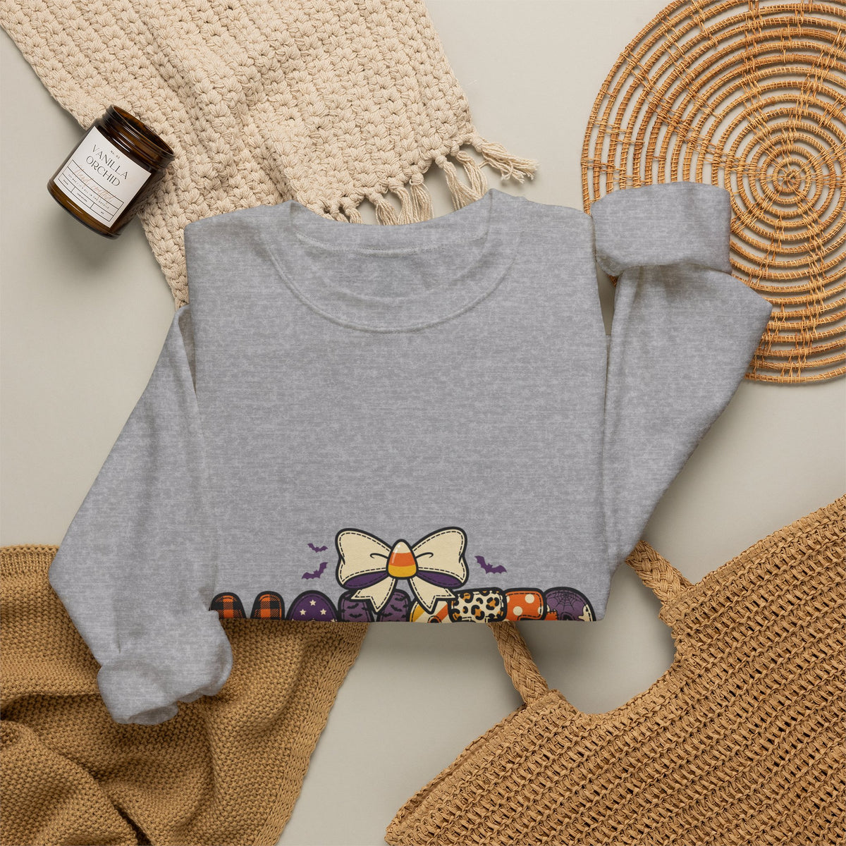 Momster Halloween Mom Sweatshirt | spooky lettering, bats, purple orange