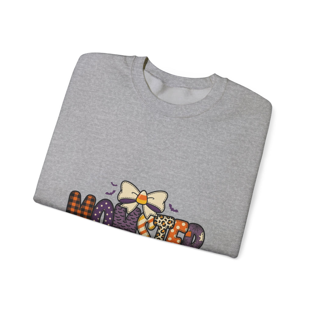 Momster Halloween Mom Sweatshirt | spooky lettering, bats, purple orange