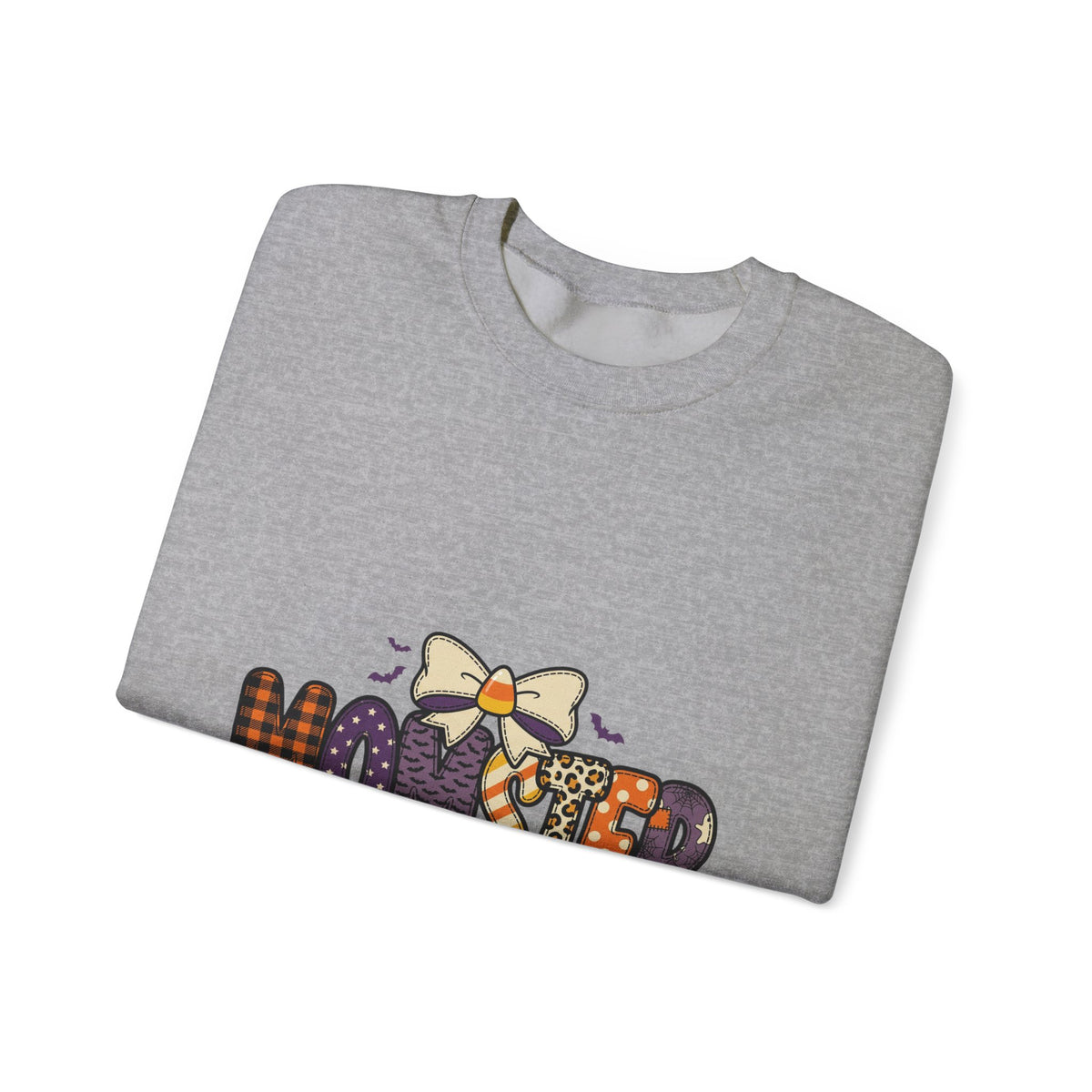 Momster Halloween Mom Sweatshirt | spooky lettering, bats, purple orange