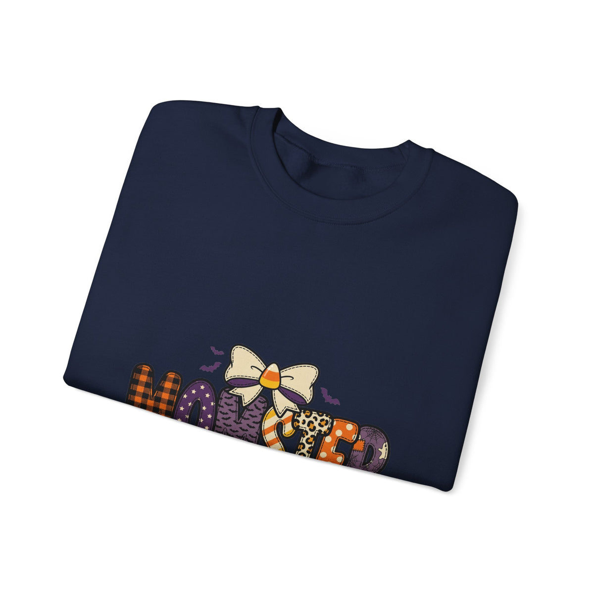 Momster Halloween Mom Sweatshirt | spooky lettering, bats, purple orange