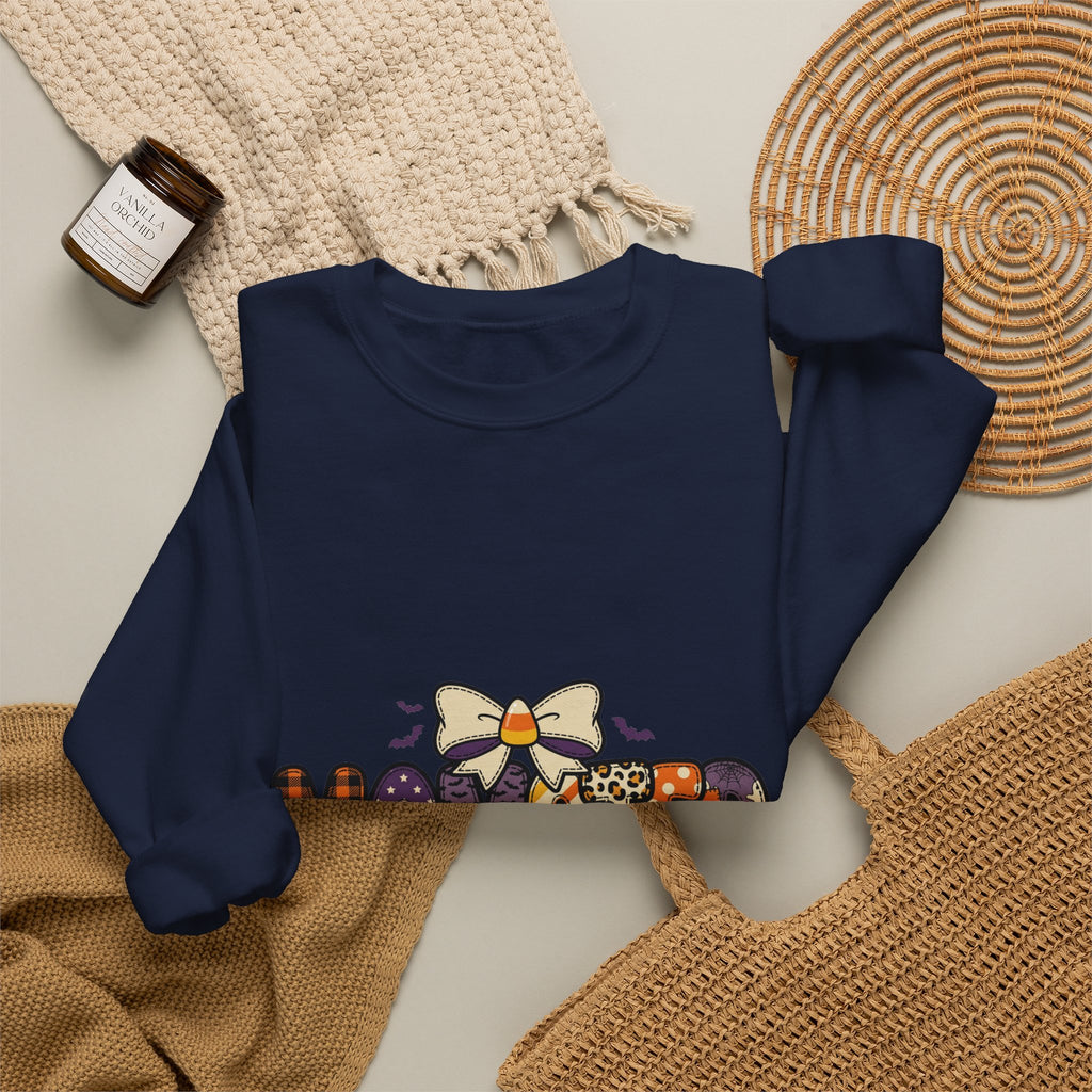 Momster Halloween Mom Sweatshirt | spooky lettering, bats, purple orange