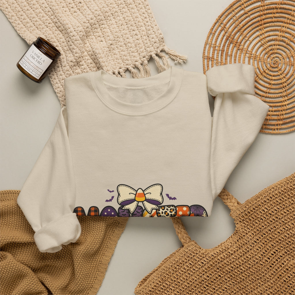 Momster Halloween Mom Sweatshirt | spooky lettering, bats, purple orange