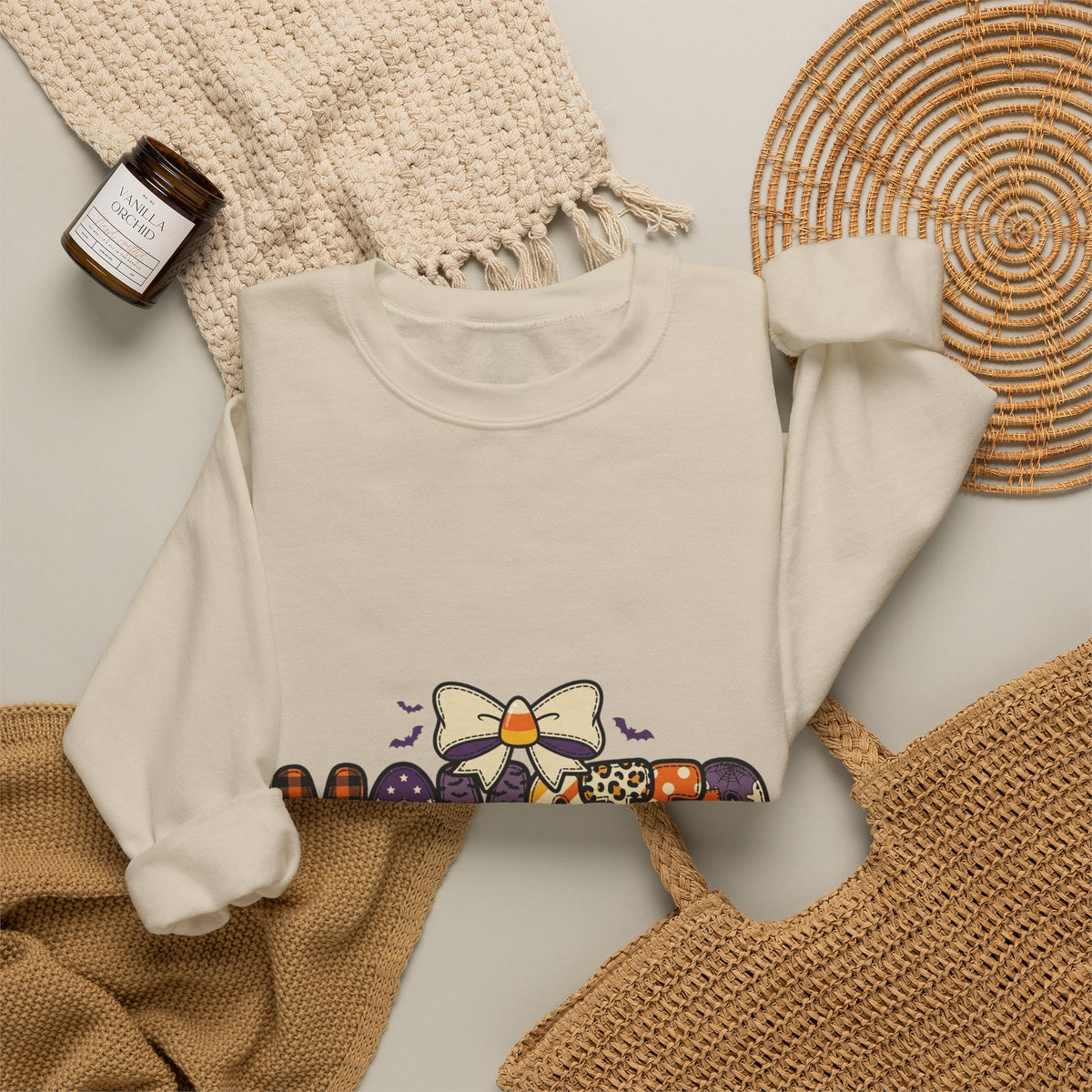 Momster Halloween Mom Sweatshirt | spooky lettering, bats, purple orange
