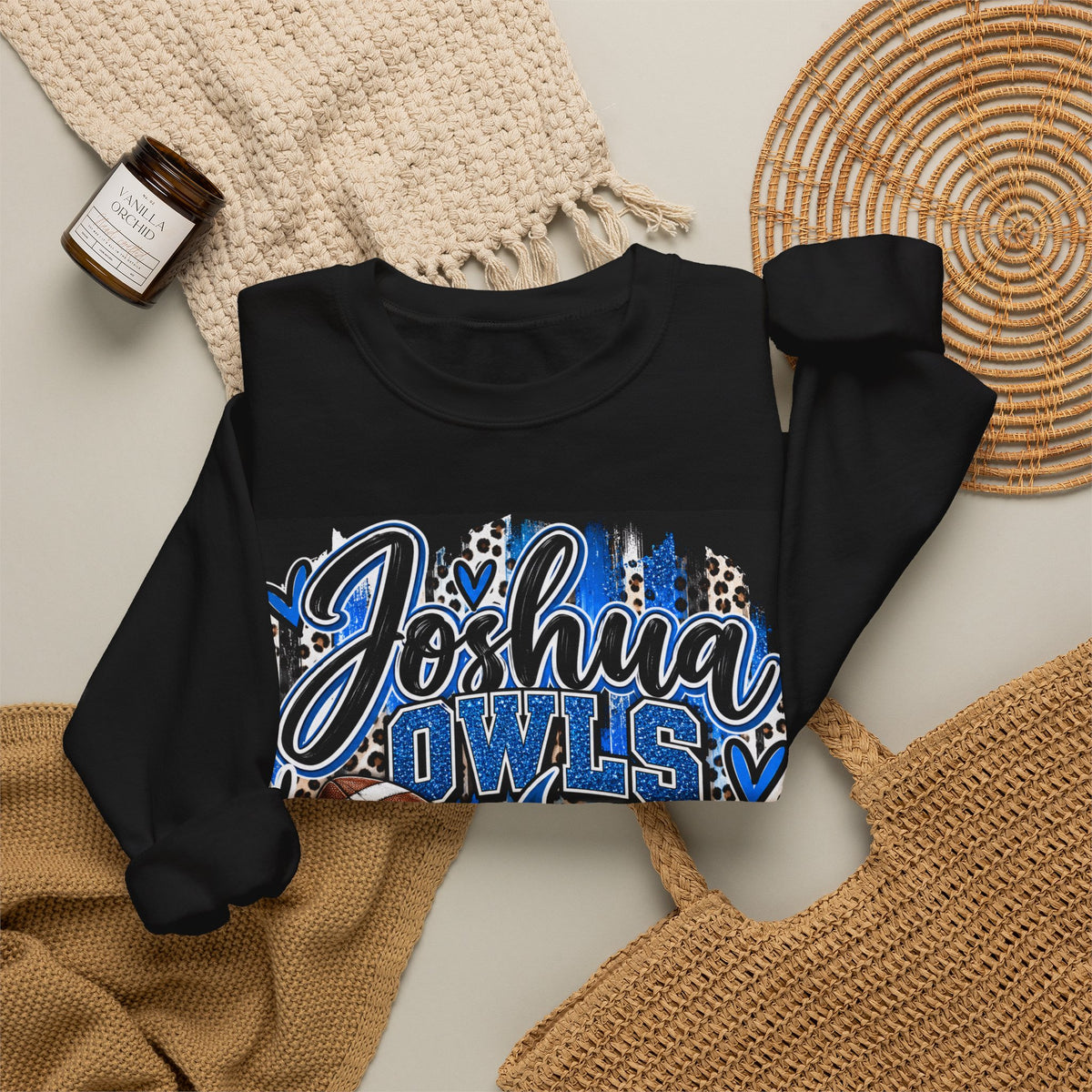 Joshua Owls Football Crewneck Sweatshirt — Blue Leopard School Spirit