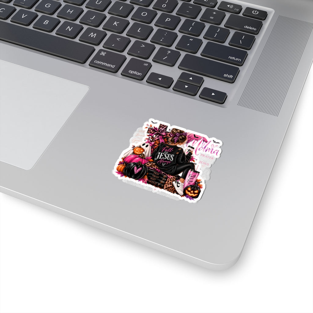 Christian Halloween Kiss-Cut Sticker — "Fall for Jesus Always" Pink & Leopard Faith Design