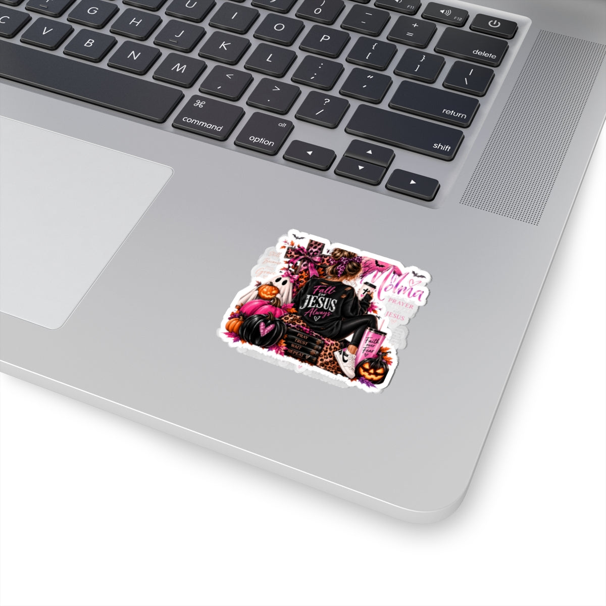 Christian Halloween Kiss-Cut Sticker — "Fall for Jesus Always" Pink & Leopard Faith Design