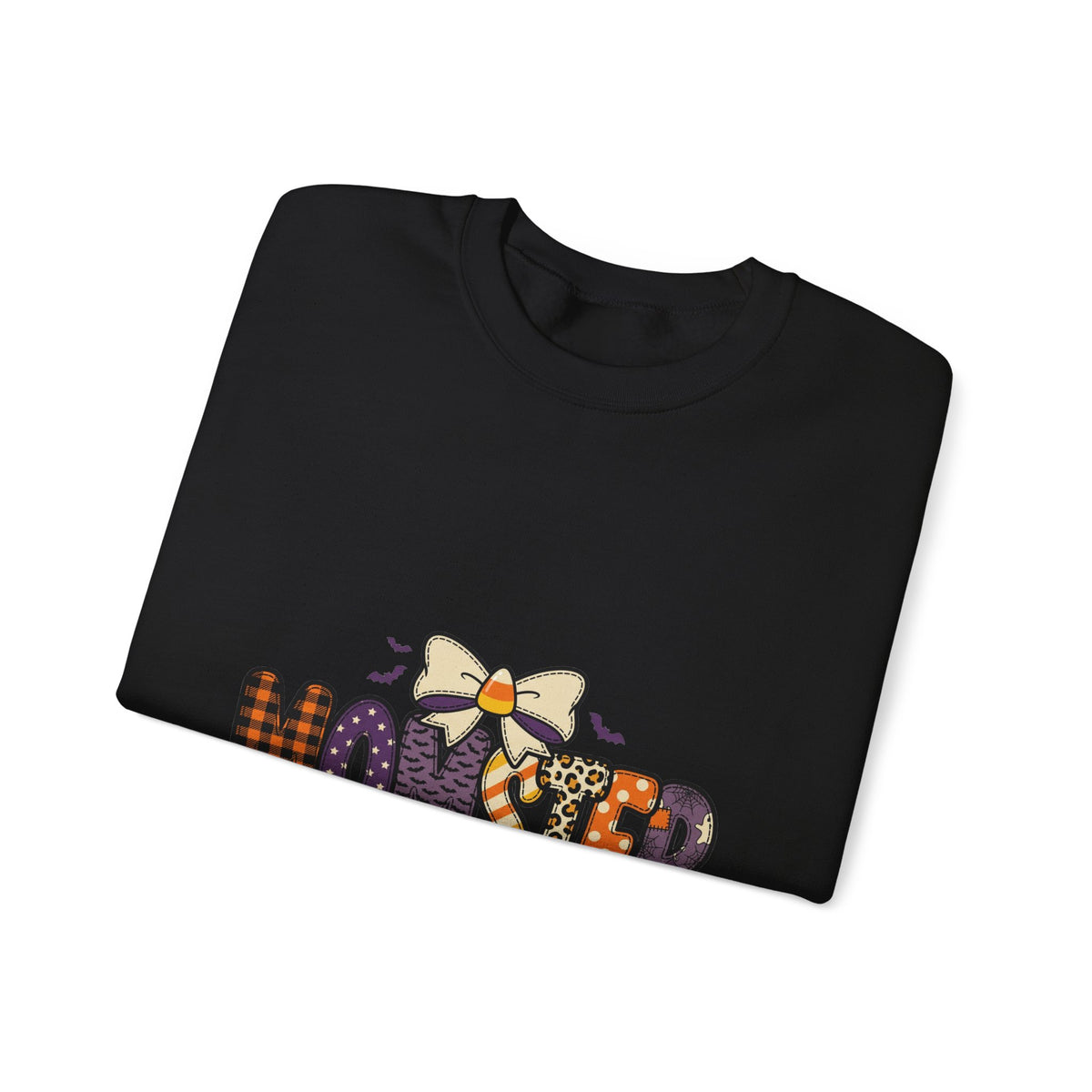 Momster Halloween Mom Sweatshirt | spooky lettering, bats, purple orange