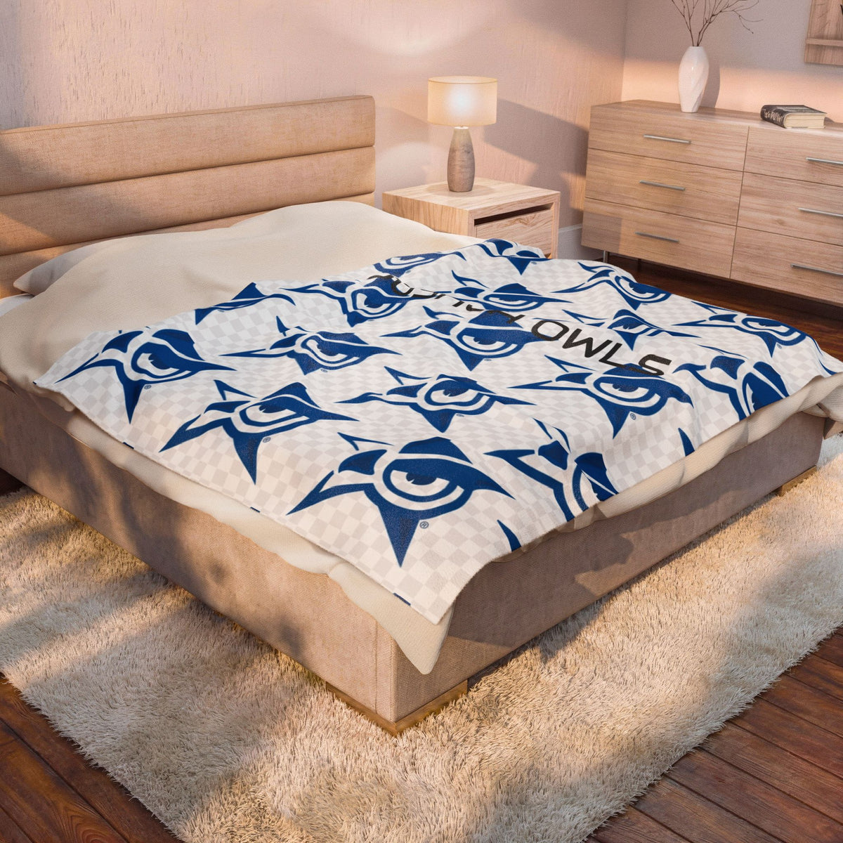 Plush Velveteen Blanket — Blue Star Owl Pattern Cozy Throw
